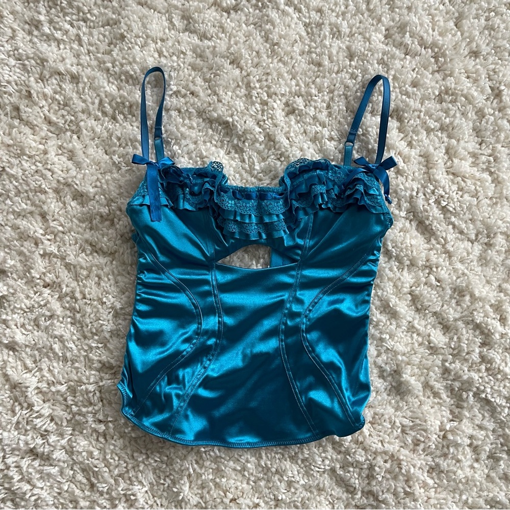 victoria’s secret bustier-shiny satin turquoise aqua blue ruffle lace vintage - Picture 10 of 10